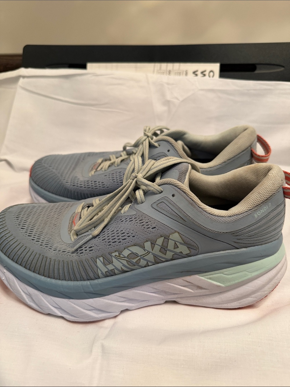 Hoka Women's Light Gray and Mint Bondi 7 Running Shoes